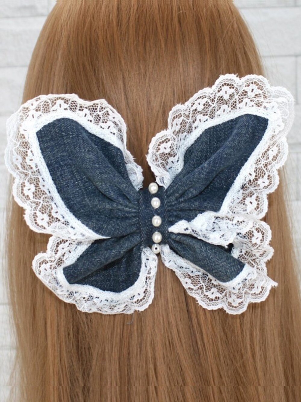 HAND CRAFTED Upcyled Denim Lace Butterfly Hair Bow Oversized Blue Jean Girls